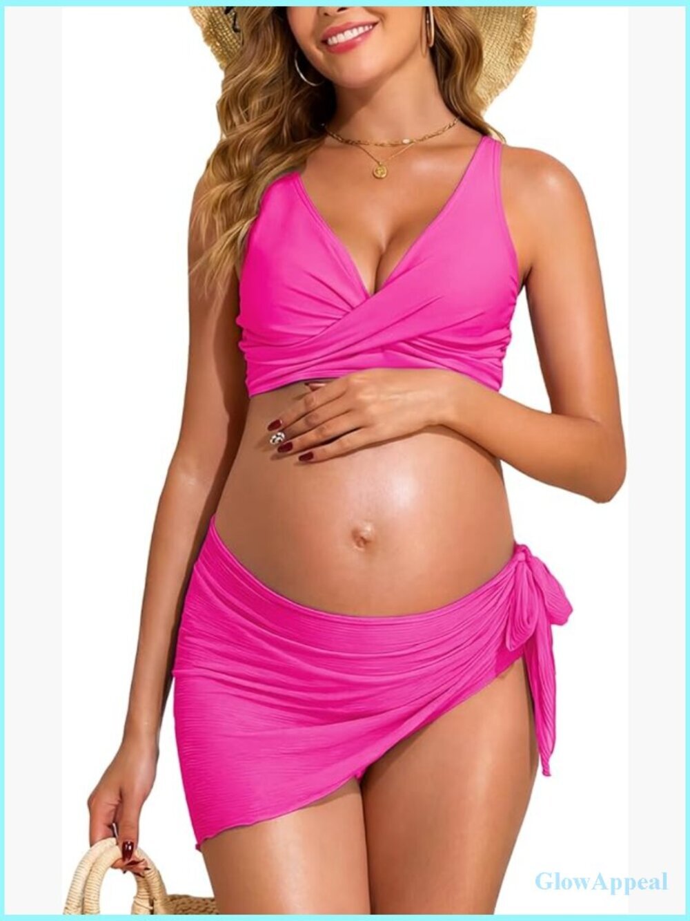 Maternity 3 Piece Bikini Set Low Rise Criss Cross V Neck Bathing Suit with